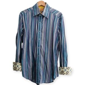 Robert Graham Men's Blue Stripe Button Up Flip Cuffs Medium